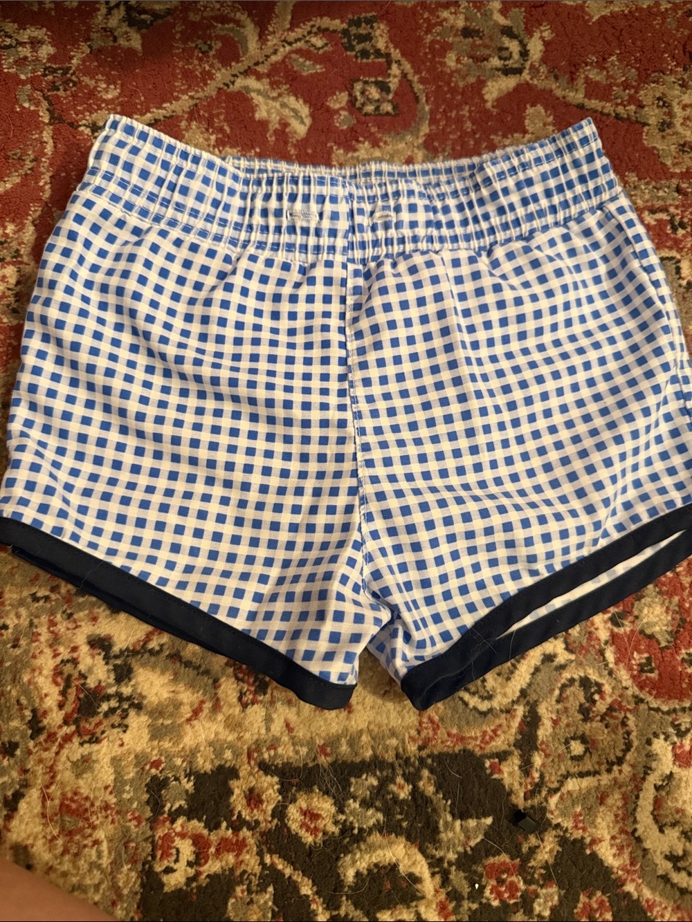 Kids Blue Gingham Swim Trunks with Navy Trim